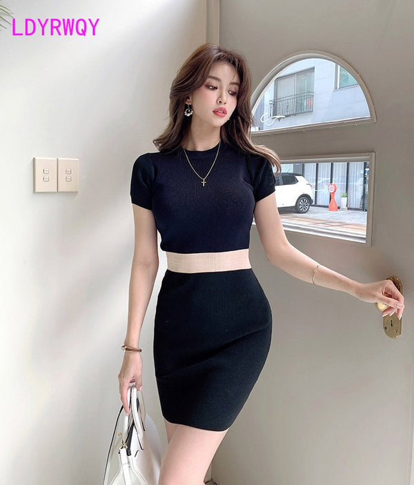 LDYRWQY Women's new color matching dress slim slimming elastic short-sleeved knitted bag hip bottoming