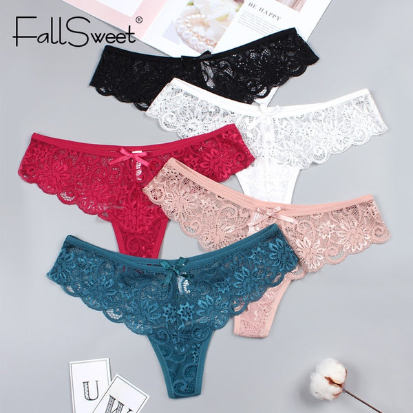 FallSweet 5pcs/Pack! Women Undewear Transparent Lace  G String Ultra Thin  Knickers Briefs Bow Tangas Bragas