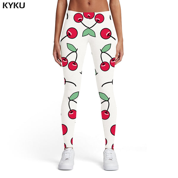 KYKU Brand Cherry Leggings Women Fruit Leggins Cartoon Elastic White Trousers Abstract Sport Womens Leggings Pants Jeggings