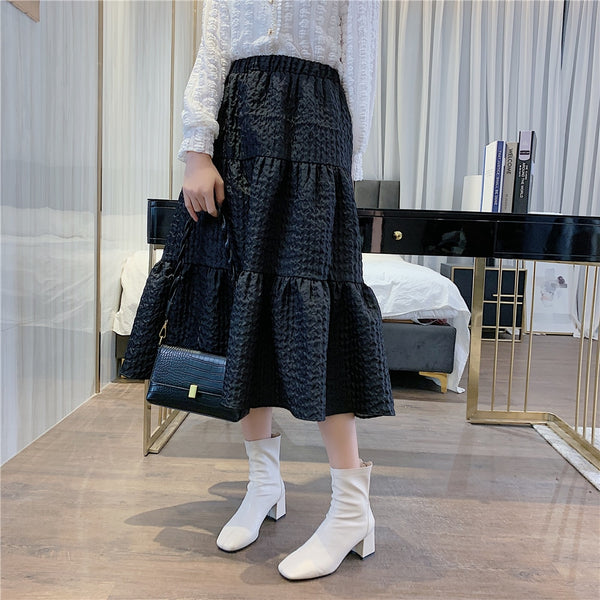 2023 Black Skirt High Quality Jacquard Material Women Solid Color Long Pendulum Skirt Female Modest Classy Skirts With Big Swing