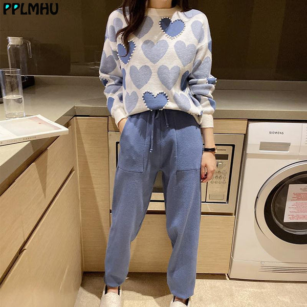 Fashion Love Printed Knitted Two Peice Suit Women Long Sleeve Sweater Tops And Solid Colors Casual Pants Female Korean Sets