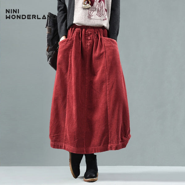 NINI WONDERLAND Autumn Winter Corduroy Skirt Women Vintage Midi Long Skirts Female Elastic Waist A-line Pleated Skirt Big Size