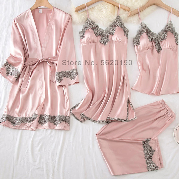 4PCS Satin Sleepwear Lady Pajamas Suit Nighty&Robe Set Sexy Intimate Lingerie Casual Bridal Wedding Gift Homewear Nightgown