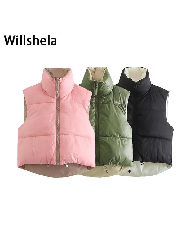 Willshela Women Reversible Gilet Jacket Sleeveless Puff Vest High Collar Fashion Casual Streetwear Woman Waistcoat Tops veste