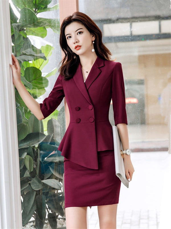 Red Skirt Suit 2 Pieces Set Fashion Business Women Suit Office Ladies Work Wear Uniform Interview Thin Blazer Hlaf Sleeve Top